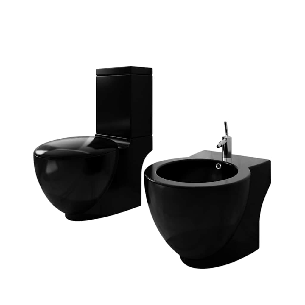 Zestaw do toalety stojącej i bidetu, czarny, ceramiczny, z podwójnym spłukiwaniem, 3/6 litra, z funkcją cichego domykania, kompletny zestaw do łazienki, toalety dla gości, do postawienia na