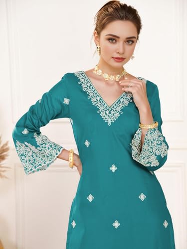Image of SHIENZY Women's Embroidered Kurta Pant Set with Dupatta | Straight Kurta Set for Women | Ethnic Kurta Set for Women, Traditional Indian Kurta Pant Dupatta Set