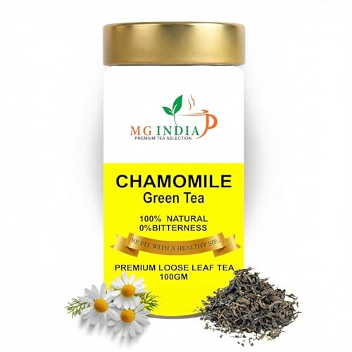 MG INDIA - Chamomile Green Tea, 100Gm | Premium Loose Leaf Blend with Sun-Dried Chamomile & Whole Green Tea | 100% Natural, 0% Bitterness | Stress Relief, Better Sleep, Weight Loss Herbal