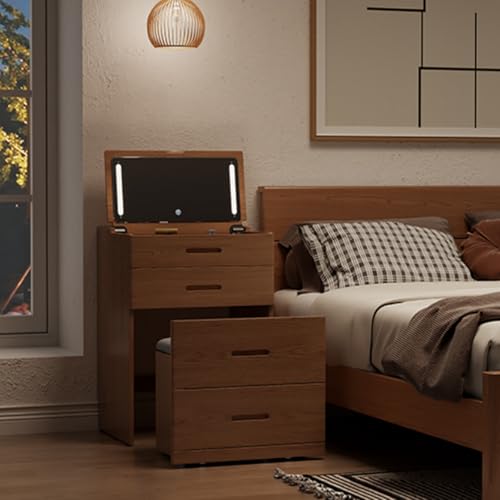 Image of 3 In1 Soild Wood Make up Table with Hidden Mirror and Chair,W20xd20xh32inch Vanity with Lights, Dressing Table with 4 Drawers Storage and Adapter Outlet for Small Space,Vanity Desk for Bedroom