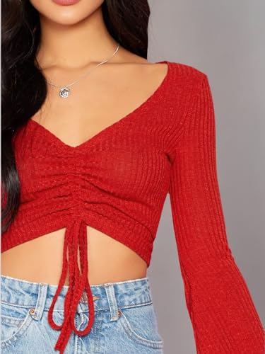 Image of SweatyRocks Women's Adjustable Drawstring String Long Bell Sleeve Rib Knit Sexy Crop Top