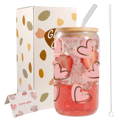 JEKUGOT Valentine's Day Glass Cups with Lids and Straws - Romantic Gift for Her, Perfect for Girlfriends, Wives, Birthdays, and Special Occasions