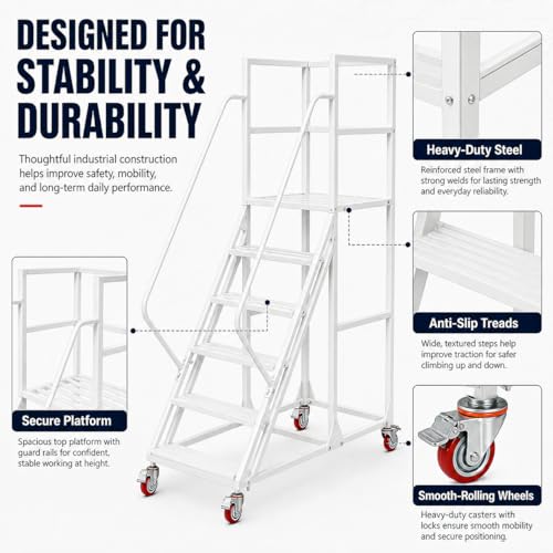 Image of 5 Step Rolling Ladder with Handrails, 1100 lbs Capacity Heavy Duty Mobile Warehouse Ladder with Wheels, Industrial Steel Non-Slip Rolling Stairs with Large Platform, for Garage Stockroom Library