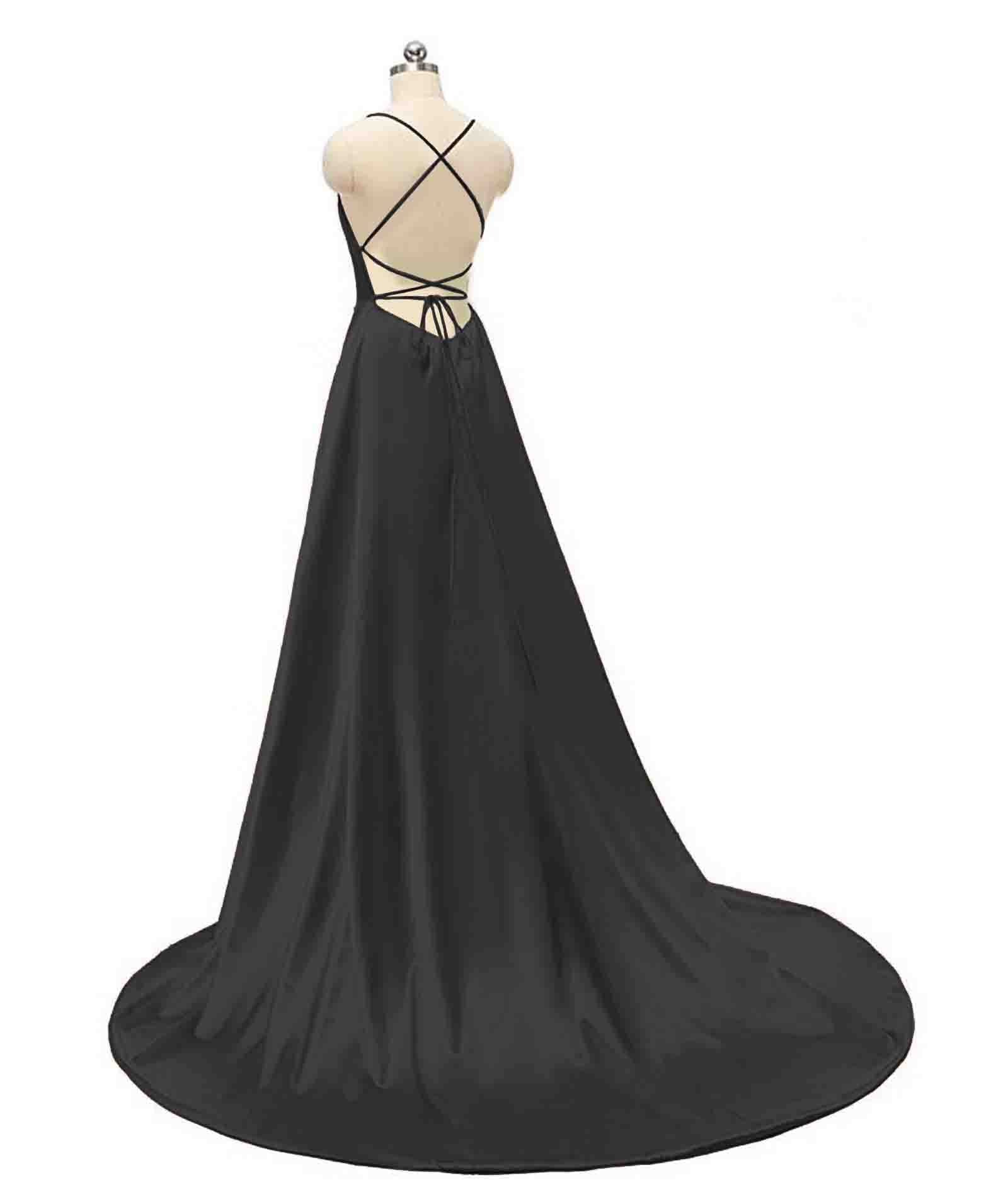 HAHAEMMA - Elegante abito da donna lungo, con tasche, in raso, linea ad A, schiena scoperta, abito da sera, da matrimonio, sexy, con allacciatura al collo, da principessa, damigella d'onore