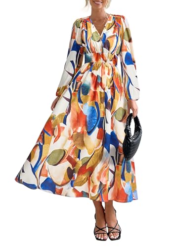 PRETTYGARDEN Women's Floral Midi Dress Casual Fall V Neck Long Sleeve Flowy Spring Beach Wedding Guest Vacation Dresses