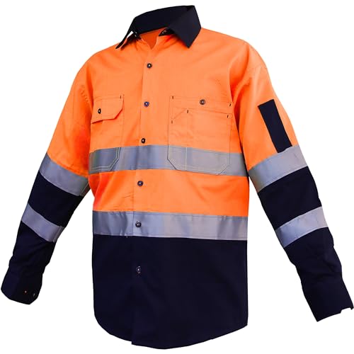 BIG BEE Hi Vis Work Shirt with Reflective Tape, Light Cotton Workwear Orange/Navy 2XL