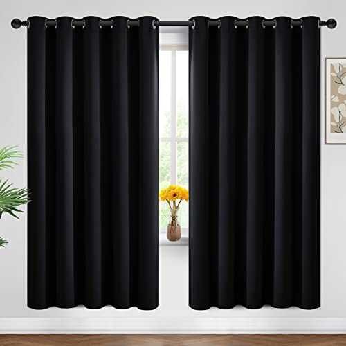 Yakamok Blackout Curtains Room Darkening Thermal Insulated Window Panels,Solid Grommet Top Drapes for Bedroom/Living Room(62Wx72L, Black, 2 Panels)