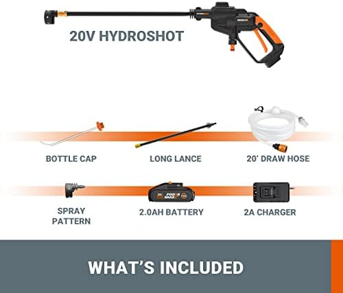 WORX WG620E.6 18V(20V MAX) Cordless 22 Bar Hydroshot Portable Pressure Washer with 2.0 Ah Battery, PowerShare, 120 L/H Compact Pressure Cleaner, Suitable for Patio Cleaning and Car Washing