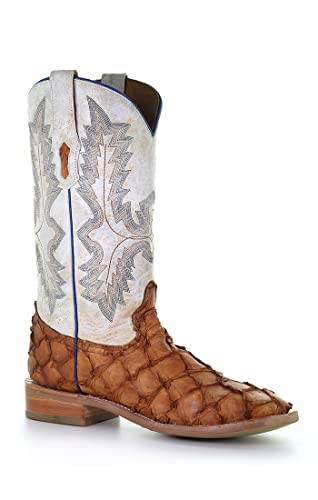CORRAL MEN'S COGNAC/WHITE FISH PIRARUCU EMBROIDERY SQ. TOE, LEATHER WITH RUBBER INSERT SOLE, WESTERN A4050