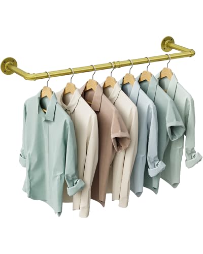 OROPY Industrieller Rohr-Kleiderständer, 97,5 cm, robust, abnehmbar, Wandmontage, schwarzes Eisen, Kleiderstange, Mehrzweck-Hängestange für Schrankaufbewahrung, Gold (zwei Sockel)
