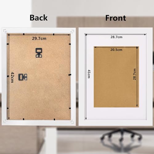MEGAROOM Wood A3 Picture Frame - A3 Frame for 16.5 x 11.7 Inch (42 x 29.7 cm) Photo Wall Hanging - Photo Frame with Clear Perspex Front - Wall Mounting to Hang Portrait or Landscape (White)