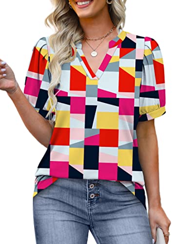 Tunic Shirts For Women Casual Puff Sleeve V Neck T-Shirts Womens Summer Tops Polyester Clothes Colorful Plaid Xl #TOP26