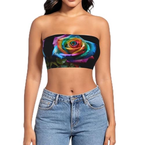 Strapless Bandeau Crop Top Womens Double Lined Tube, Print Rainbow Rose Dew