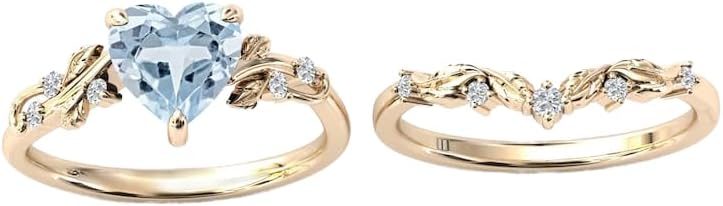 Generic Aquamarine Engagement Ring Set For Women Aquamarine Art Deco Antique Leaf Wedding Ring Set Heart Shaped Aquamarine Ring Set, BLUE