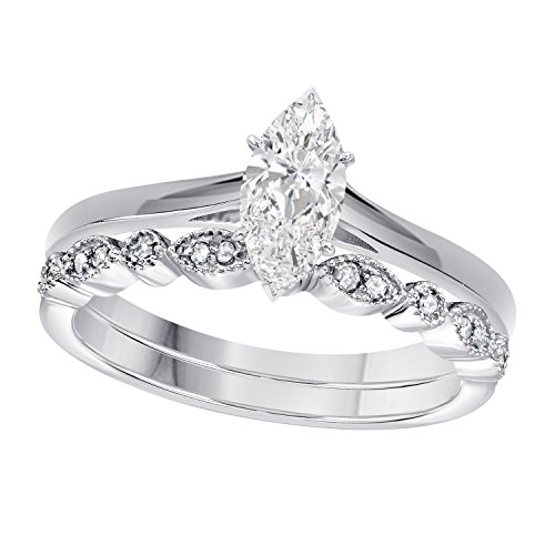 Jewelry Star Vintage Style Wedding Band Set 14k White Gold Plated in 925 Sterling Silver 1.00 tcw Marquise Cut Cubic Zirconia Engagement Bridal Ring