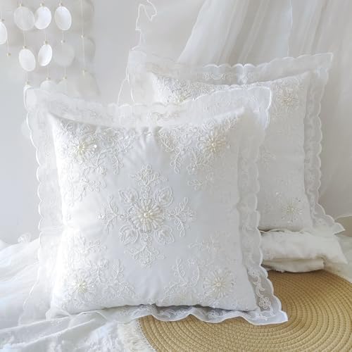 Throw Decorative Pillow Covers Embroidery Beaded Ruffle Cushion Covers 16x16 Inch 2 Pack White Home Decoration