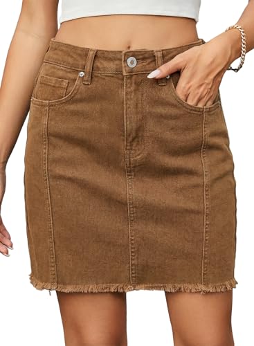 Sidefeel Womens 2025 Jean Skirt High Waist Stretch Seam Line Button Down Skort with Pockets Brown...
