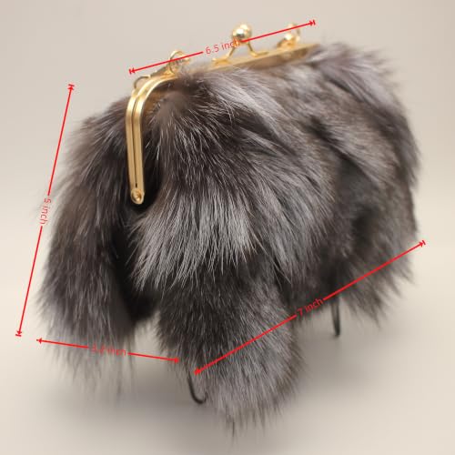 Image of Luxurious Fashion Natural Fox Fur with Hair Handbag for Women and Ladies