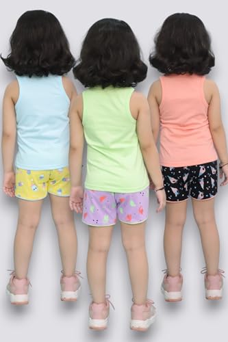 Image of Chandrika Kids Cotton Coordinated Set Pack of 3 half Sleeve And sleeveless T-Shirts & Shorts and skirt Baby Girls Summer Dress Combo