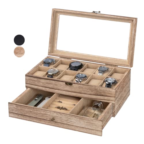 Exper City Watch Box, Watch Case for Men Women with Large Glass Lid, Wooden Watch Display Storage Box with 2 - Layers & 12 - Slots, Wood Mens Watch Box Organizer