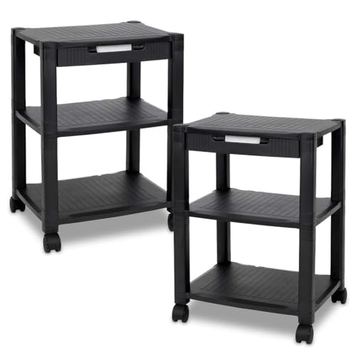 Halter Printer Stand, Rolling Home Office Printer Stand with Storage and Cable Management, Pack of 2 Printer Tables, Black Printer Cart, LZ-308