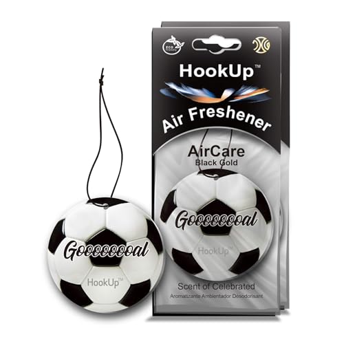 Soccer Car Air Freshener by HookUp - 2 Pack - Black Gold Scent (Extra Strong) | Unique Soccer Gift for Players, Coach, Fans | Hanging Car Accessory with Long Lasting Fresheners Smell