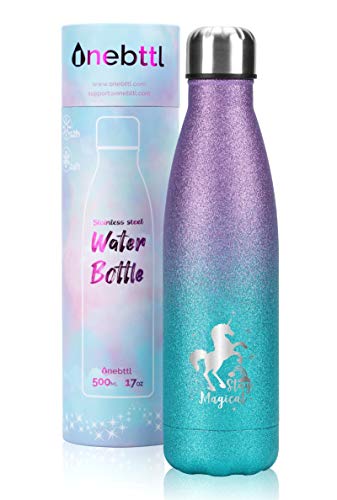 Unicorn Gifts, Unicorn Party Supplies, Stainless Steel Water Bottle, Kids Water bottle 17oz 500ml Double Wall Vacuum Insulated Thermo Bottle Glitter Purple Magical