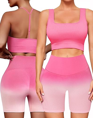 FINETOO Workout Outfits Sets for Women 4 piece Seamless Backless Tank Sport Bra High Waist Short Yoga Gym Matching Active Set