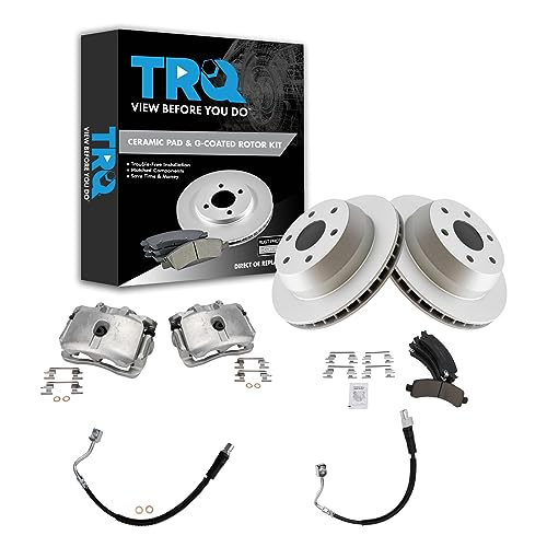 Image of TRQ Rear Brake Pad, Caliper, Hose, & Rotor Kit Ceramic Premium G-Coated Compatible with 2003-2009 Chevrolet Express 1500 2003-2013 GMC Savana 1500