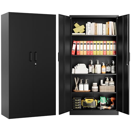 Sightlife Aktenschrank abschließbar mit 2 Türen Metallschrank Stahlschrank Mehrzweckschrank Metall Büroschrank Einstellbare Regale Aufbewahrungsschrank für Büro Haus Garage 170X78X39cm Schwarz