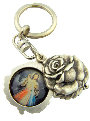 Religious Gifts Silver Tone Saint Padre Pio with The Divine Mercy Sliding Rosebud Medal Key Chain, 1 3 4 Inch