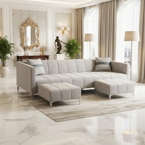 Image of Solomon 6 Seater L Shape Sofa Set with 2 Movable Ottoman | Flexible Left or Right Layout | Luxe Velvet Suede Fabric | Comfortable Seating | Modern Sofa for Living Room - Light Grey