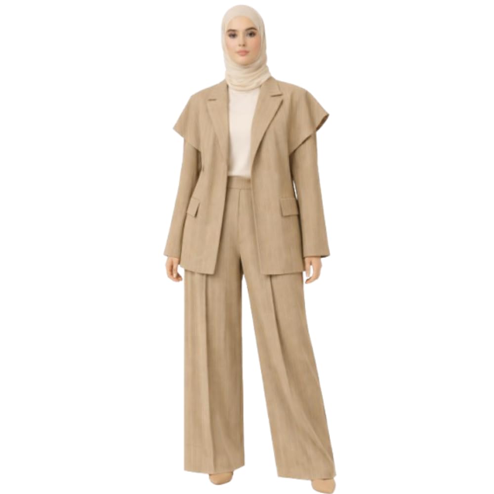 Tailleur Femme Élégant 2 Pièces Rayé – Blazer Ceinturé Structuré et Pantalon Large Fluide – Ensemble Chic