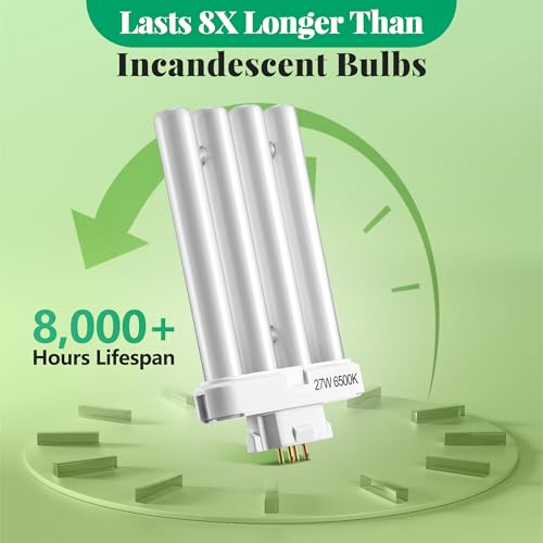 3 Pack 27W FML27 Natural Daylight Spectrum Fluorescent Light Bulb Replacement, 4 Pin GX10q-4 Base Compact Fluorescent Light Bulbs, 1500 Lumens, 6500K Daylight Quad Tubes CFL Replacement Bulbs