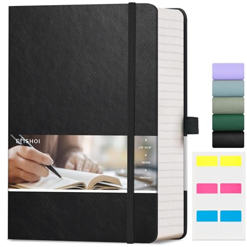 EMSHOI Notebook A5-400 Pages 100gsm Thick Notepad, Lined Journal Hardcover Vegan Leather Ruled Note Book Daily for Women Men Work School Office Writing, Sticky Notes, 14.5 x 21cm, Black