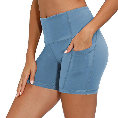 CQC Women's High Waist Yoga Shorts Compression Workout Running Bike Shorts Side Pockets Blue L - Thumbnail 2