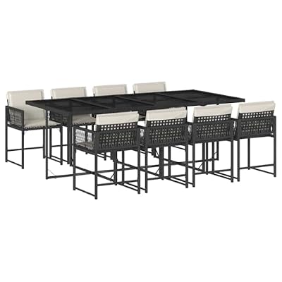 mtlskopl 9 Piece Patio Dining Set, Space Saving Black Poly Rattan Garden Table and 8 Foldable Chairs with Cream White Cushions, Outdoor Backyard Tempered Glass Top Furniture Set