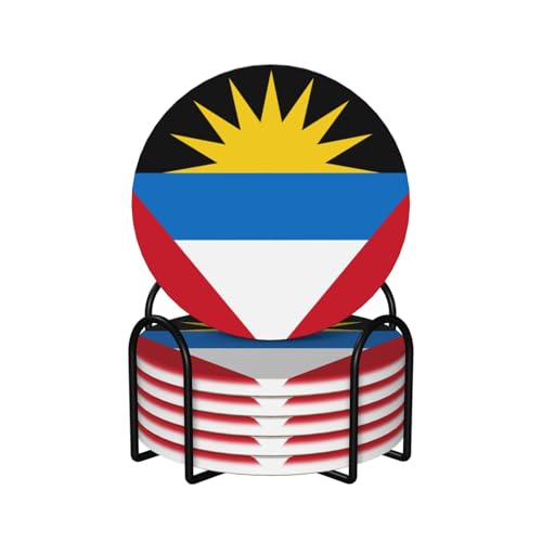 Dessous de Verre en céramique à l'effigie du Drapeau d'Antigua-et-Barbuda avec Support, Lot de 6, pour Tasses à café et Autres Boissons.