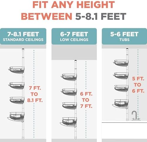 Zenna Home Rust-Resistant Corner Shower Caddy for Bathroom, 4 Adjustable Shelves with Towel Bar and Hooks, with Tension Pole, for Bath and Shower Storage, 60-97 Inch, Bronze