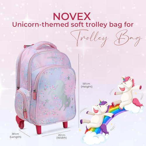 Image of NOVEX Unicorn Kids Backpack Trolley | 18 Inch Baby Pink School Bag with 2 Wheels | Cute Girls Travel Spinner Luggage with 2 Compartments | Lightweight Easy-to-Carry Polyester - 52 cm