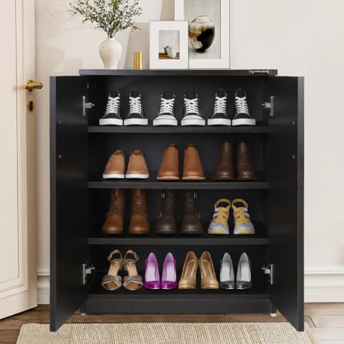 Image of Engineered Wood Shoe Rack Cabinet with Double Doors, 4 Shelf Wooden Shoe Storage Organizer for 8-12 Pairs, Modern Shoe Cupboard for Entryway, Bedroom, Living Room, Hallway, (MIDNIGHT WENGE 4 SHELF)