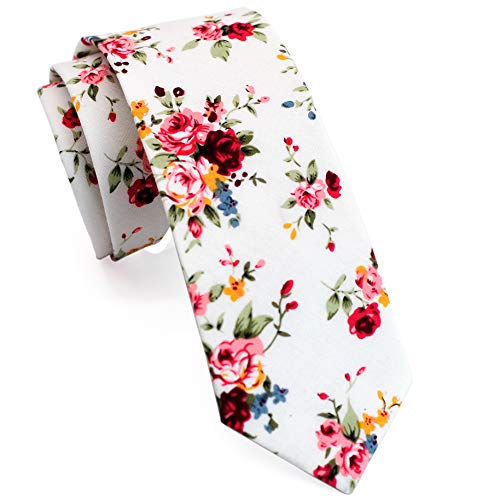 Zenxus Mens Cotton Skinny Rose Floral White Tie Combo Set With Flower Pocket Square #TOP1