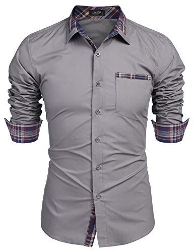 JINIDU Herren Casual Cotton Langarm-Oberhemd Karierter Kragen Slim Fit Button-Down-Shirt Grau XXX-Large Cover
