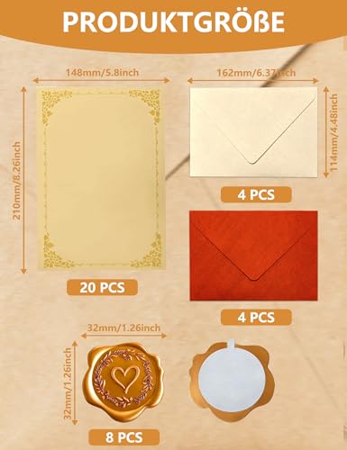 Briefpapier mit Umschlag, 36 Stück Set Vintage Schreiben mit 8 Briefumschläge Ohne Fenster, 20 A5 Briefpapier Edel und 8 Wachssiegel Selbstklebend, für Liebesbrief Hochzeit Geburtstag Weihnachten