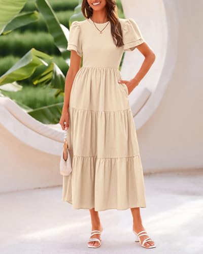 BTFBM Women Casual Summer Dresses 2025 Spring Crewneck Short Sleeve Tiered Flowy Boho Maxi Beach Vacation Dress Pockets4