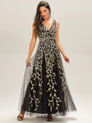 Image of Ever-Pretty Women's Prom Dresses V Neck Sleeveless Tulle Hem A-Line Sequins Maxi Ball Gowns 02130