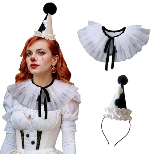 Unykaflor Jester Clown Hat and Ruffle Collar Set 2pcs Halloween Clown Accessories for Carnival Christmas Cosplay Party