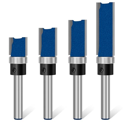 Feanron 4 Pcs Straight Cut Router Bits Flush Trim Router Bit Set 1/4 Inch Shank, Template Route Bit with Bearing Prevent Tear-Out, Durable Pattern Route Bit Milling Cutter for Woodworking (Blue)