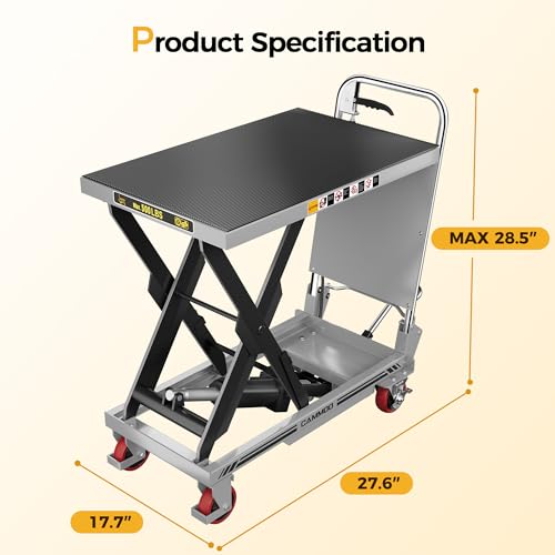 CAMMOO Hydraulic Lift Table Cart, 500lbs Capacity, 28.5\" Lifting Height, Single Scissor Lift with Non-Slip Pad & Safety Guard Foldable Handle for Material Handling and Transportation, Gray - Thumbnail 3