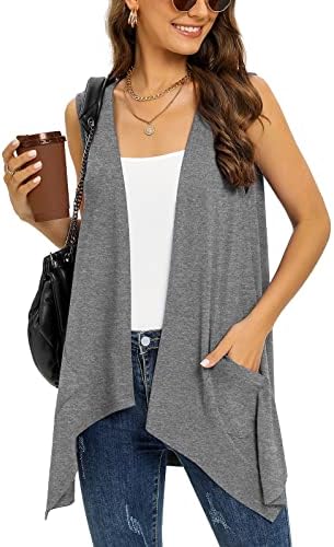 Veryoung Grey Sleeveless Cardigan Vest for Women Plus Size Lightweight Summer Jacket with Pockets Casual Work Knit Open Front Long Drape Duster,3XL